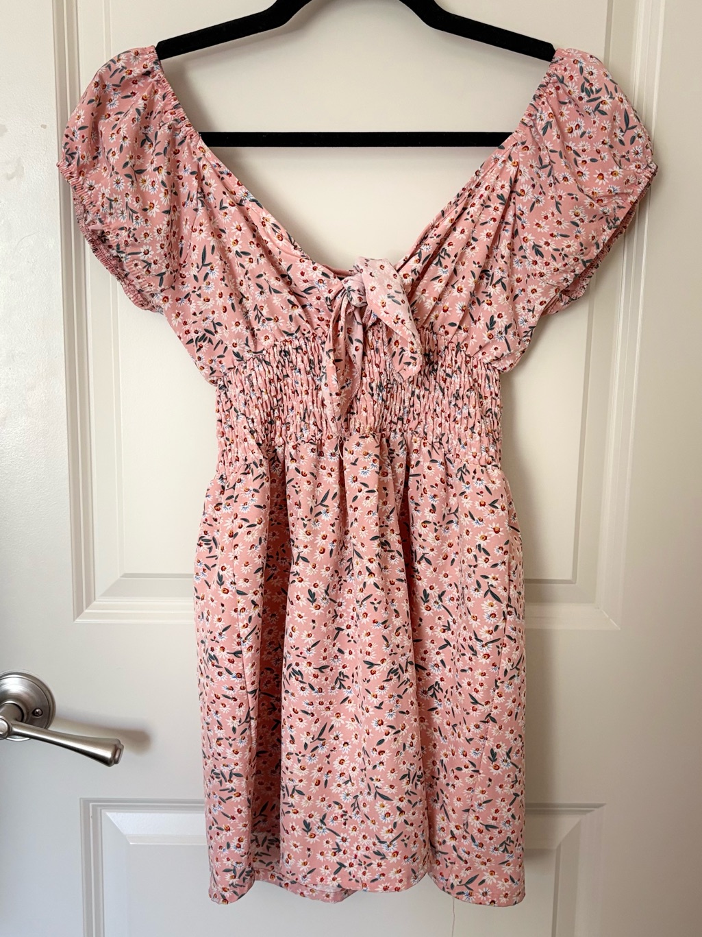 Shein Pink Floral Tie-Front Smocked Mini Dress